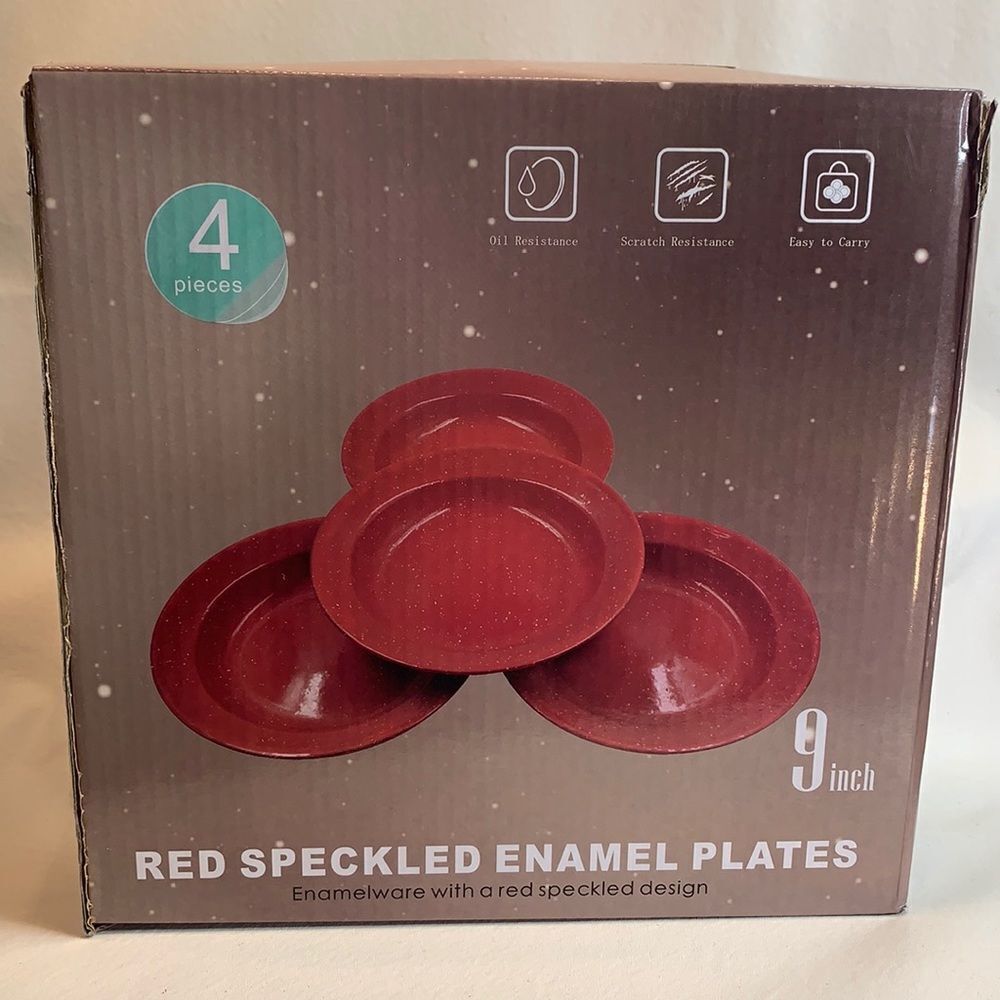 Red Speckled Enamel Plates 9 Inch Set 4 Plates Enamelware Camping Durable New
